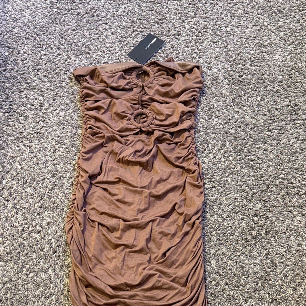 Ruched Brown Strapless Dress with Ring Detail
